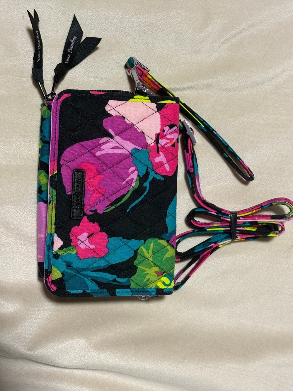 Vera Bradley Black Floral Quilted Crossbody Wallet in Pink, Purple, Teal & Green